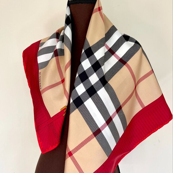New Burberry Scarf Logo Iconic Beige Check Red Border Silk Wrap - Picture 13 of 15
